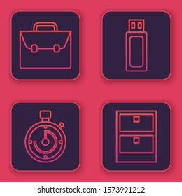 Set line Briefcase, Briefcase, USB flash drive and Archive papers drawer. Blue square button. Vector