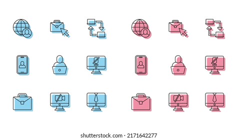 Set line Briefcase, Video camera Off on computer, Freelancer, chat conference, Mute microphone,  and Online working icon. Vector