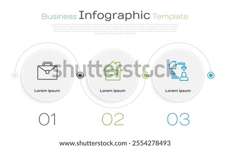 Set line Briefcase, Video camera Off in home and Online working. Business infographic template. Vector