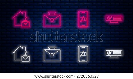 Set line Briefcase, Video camera Off on mobile, Online working and Web. Glowing neon icon on brick wall. Vector