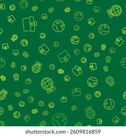 Set line Briefcase, Worldwide and Earth globe on seamless pattern. Vector