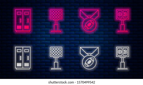 Set line Bright stadium lights, American Football ball with medal, Locker or changing room for football, basketball team or workers and Sport football mechanical scoreboard and result display. Vector