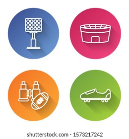 Set line Bright stadium lights, Football stadium, Binoculars and american football ball and Soccer or football shoes with spikes. Color circle button. Vector