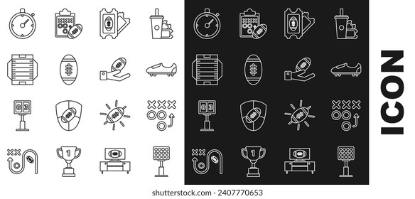 Set line Bright stadium lights, Planning strategy concept, Soccer or football shoes with spikes, American Football ticket, field, Stopwatch and hand icon. Vector