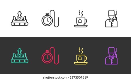 Fijar la corona británica, mirar con una cadena, la taza de té bolso y el soldado en blanco y negro. Vector