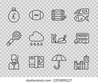 Set line British soldier, Big Ben tower, Wooden barrel, Pound sterling money, Money bag with pound, Cloud rain, Umbrella and Double decker bus icon. Vector