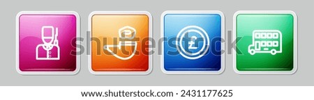 Set line British soldier, Smoking pipe, Coin money with pound and Double decker bus. Colorful square button. Vector