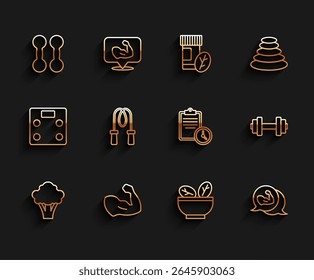 Set line Broccoli, Bodybuilder muscle, Dumbbell, Salad in bowl, Jump rope,  and Sport training program icon. Vector