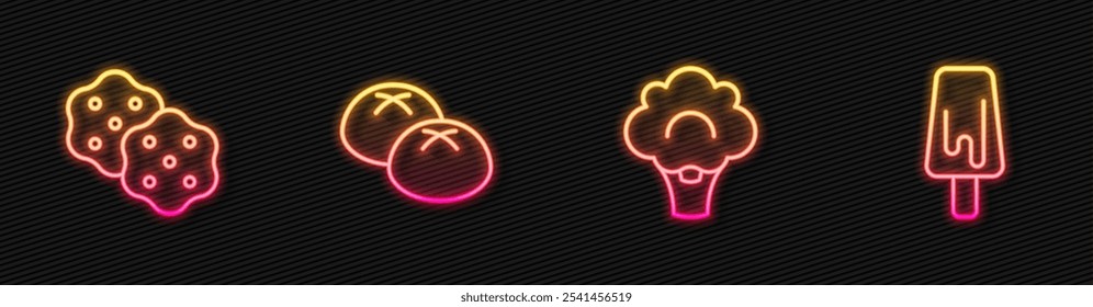 Set line Broccoli, Cracker biscuit, Bread loaf and Ice cream. Glowing neon icon. Vector