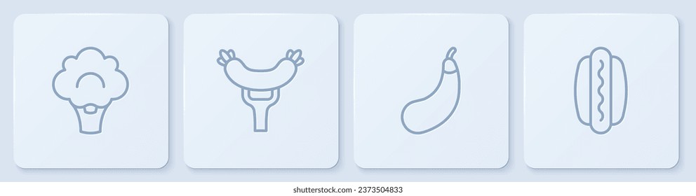 Set line Broccoli, Eggplant, Sausage on the fork and Hotdog. White square button. Vector
