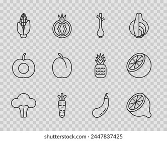 Set line Broccoli, Lemon, Fresh green onions, Carrot, Corn, Plum fruit, Eggplant and Orange icon. Vector