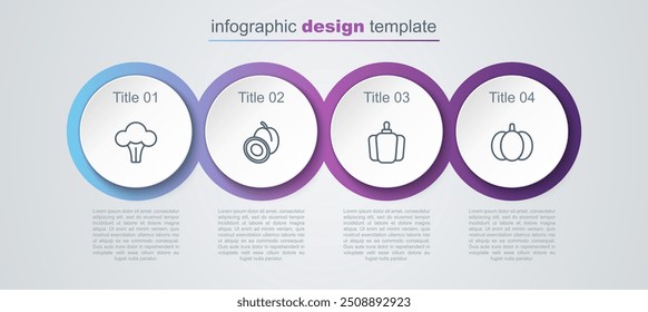 Set line Broccoli, Plum fruit, Bell pepper and Pumpkin. Business infographic template. Vector