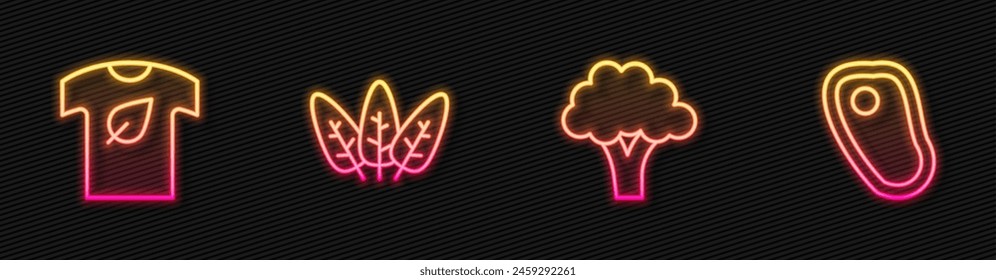 Set line Broccoli, Vegan shirt, Leaf and Steak meat. Glowing neon icon. Vector