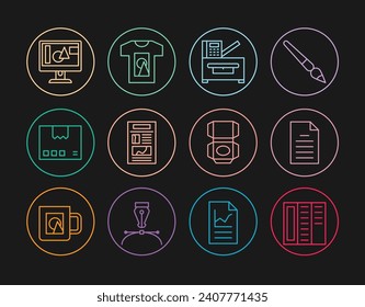 Set line Brochure, File document, Copy machine, News, Carton cardboard box, Computer monitor screen,  and T-shirt icon. Vector