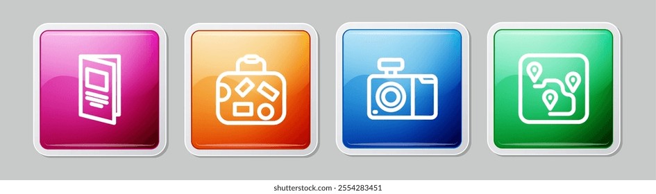 Set line Brochure, Suitcase, Photo camera and Route location. Colorful square button. Vector