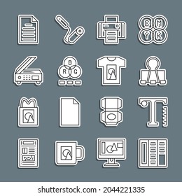 Set line Brochure, Text, Binder clip, Printer, RGB color mixing, Scanner, File document and T-shirt icon. Vector