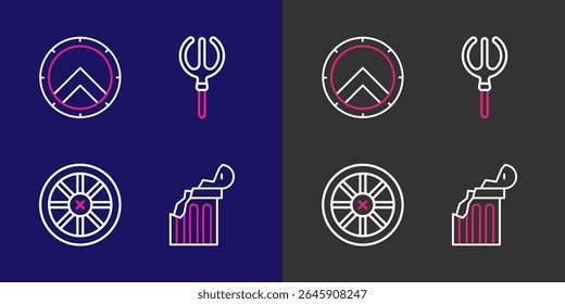 Columna antigua rota, rueda de madera vieja, tridente de Neptuno e icono de escudo griego. Vector