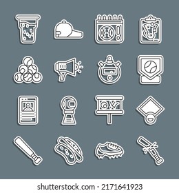 Set line Broken baseball bat, Baseball field, Calendar with game, Megaphone, Glass of beer and Stopwatch icon. Vector