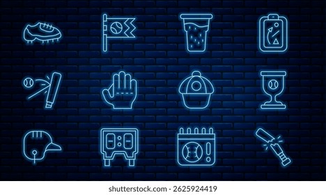 Set line Broken baseball bat, Award cup with, Glass of beer, Baseball glove, boot, cap and Flag icon. Vector