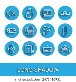 Set line Broken battery, Power bank with charge cable, Speaker mute, Keyboard, Wireless gamepad, Printer, Battery level indicator and Security camera icon. Vector