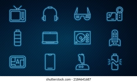 Set line Broken battery, Telephone, Smart glasses, Laptop, Battery charge level indicator, Retro tv, Vinyl player and Headphones icon. Vector