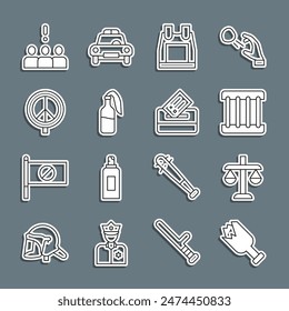 Set line Broken bottle as weapon, Scales of justice, Prison window, Bulletproof vest, Cocktail molotov, Peace, Crowd protest and Vote box icon. Vector