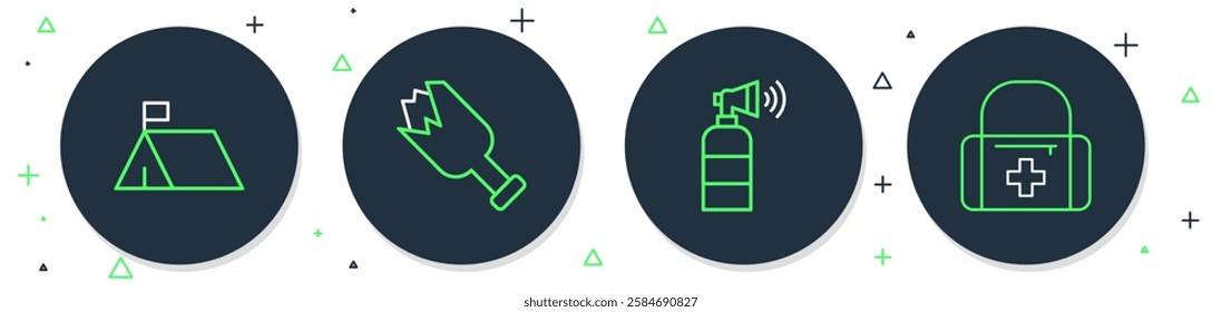 Set line Broken bottle as weapon, Air horn, Protest camp and First aid kit icon. Vector