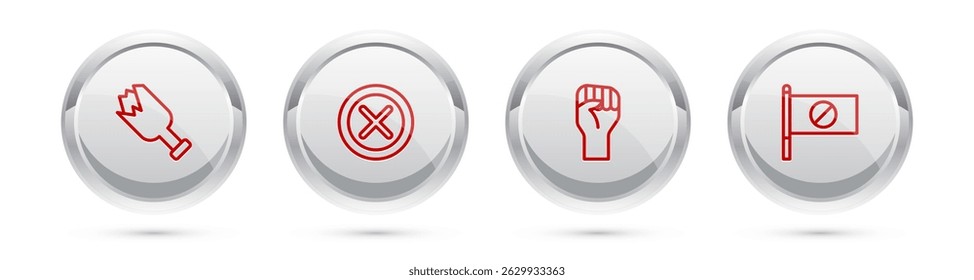 Fije la línea Botella rota como arma, Marca X, Cruz en círculo, Mano levantada con el puño apretado y Protesta. Botón de círculo plateado. Vector