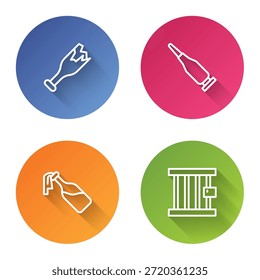 Set line Broken bottle as weapon, Bullet, Cocktail molotov and Prison window. Color circle button. Vector