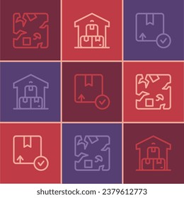 Set line Broken cardboard box, Carton and Full warehouse icon. Vector