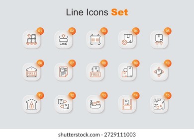 Set line Broken cardboard box, Warehouse interior with boxes, Cargo ship delivery, Cardboard traffic symbol, Closed warehouse, Carton,  and free icon. Vector