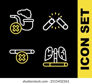 Set line Broken cigarette, Disease lungs, No smoking and Smoking pipe with smoke icon. Vector