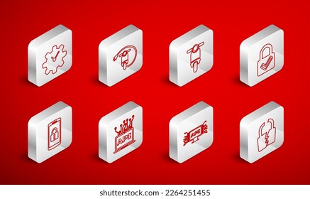 Set line Broken or cracked lock, Electric scooter, Scooter, Lock and check mark, Computer api interface, Time Management,  and Smartphone with icon. Vector