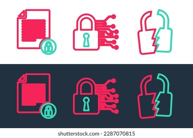 Fijar línea Bloqueo roto o roto, Icono de seguridad de documentos y ciberseguridad. Vector