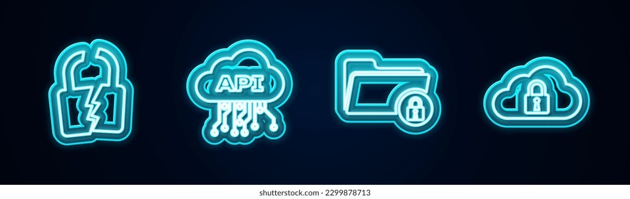 Set line Broken or cracked lock, Cloud api interface, Folder and and computing. Glowing neon icon. Vector