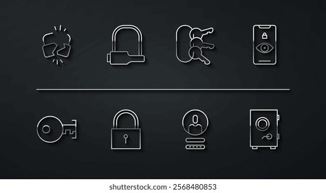 Set line Broken or cracked lock, Key, Eye scan, Create account screen, Lock, Bicycle, Safe and Bunch of keys icon. Vector