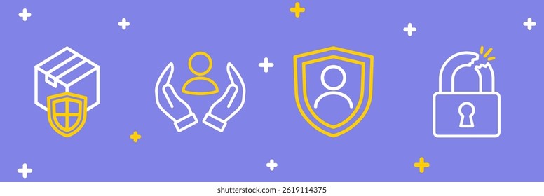 Set line Broken or cracked lock, Life insurance with shield,  and Delivery security icon. Vector