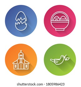 Set line Broken egg, Basket with easter eggs, Church building and Peace dove with olive branch. Color circle button. Vector