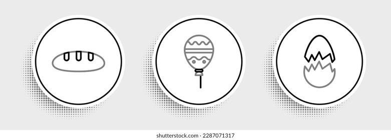 Set line Broken egg, Bread loaf and Balloons with ribbon icon. Vector