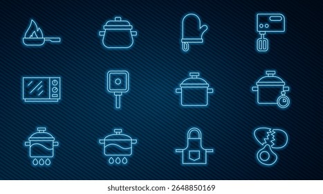 Definir linha Quebrado ovo, panela de cozinha, luva de forno, frigideira, forno de micro-ondas, e ícone. Vetor