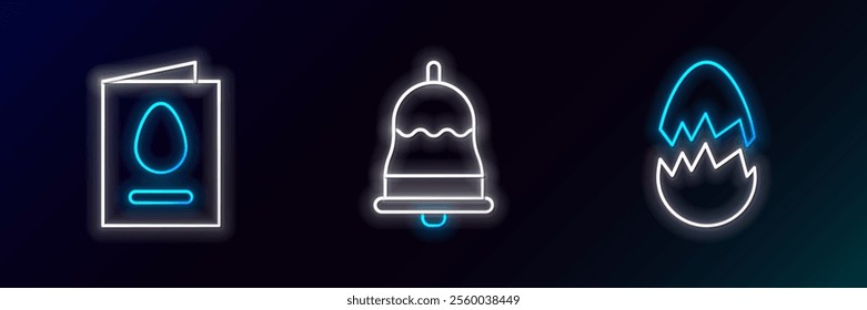 Set line Broken egg, Greeting card with Happy Easter and Ringing bell icon. Glowing neon. Vector