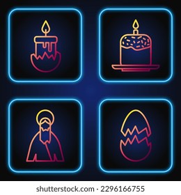 Set line Broken egg, Jesus Christ, Burning candle and Easter cake and candle. Gradient color icons. Vector