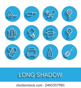 Set line Broken egg, Toaster, Frying pan, Bottle of olive oil, Kitchen whisk, Chef hat,  and Rolling pin on dough icon. Vector