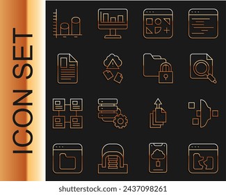 Set line Broken file, Filter setting, Search concept with folder, Different files, Cloud hacking, File document, Data analysis and Folder and lock icon. Vector