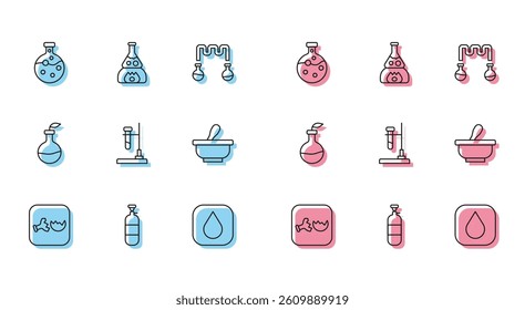 Set line Broken flask, Propane gas tank, Test tube and, Water drop, on fire, Mortar pestle, Plant breeding and  icon. Vector
