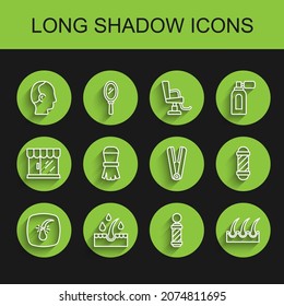 Set line Broken hair follicle, Oil for care treatment, Baldness, Classic Barber shop pole, Human, Shaving brush,  and Curling iron icon. Vector