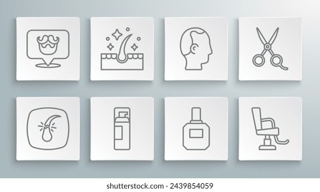Set line Broken hair follicle, Oil for care treatment, Shaving gel foam, Aftershave, Barbershop chair, Baldness, Scissors hairdresser and  icon. Vector