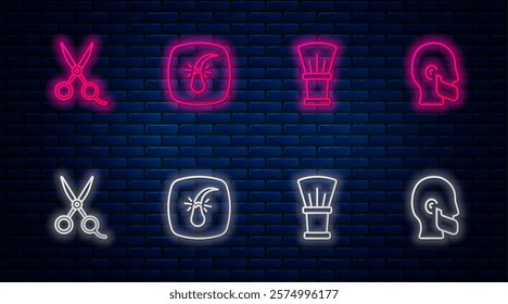 Set line Broken hair follicle, Shaving brush, Scissors hairdresser and Mustache and beard. Glowing neon icon on brick wall. Vector