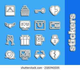 Línea Corazón roto, Castillo en forma de, Aplicación de citas en línea, Clave, Burbuja de voz con te amo, alas del corazón, anillo de compromiso de diamantes e icono de bolsa de compras. Vector