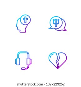 Fila: Corazón roto o divorcio, psicólogo en línea, Dolor funerario en tumbas de hombre y Psicología, Psi. Iconos de color de degradado. Vector